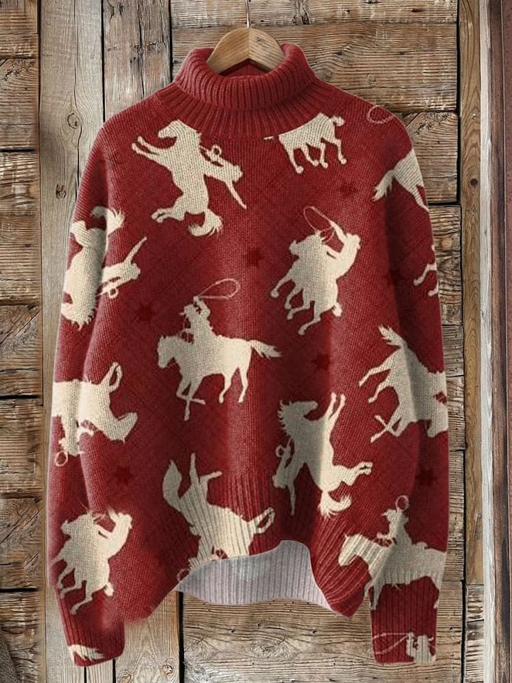 Vintage Western Cowboy Print Knit Turtleneck Pullover Sweater