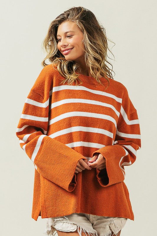 Ribbed Hem Stripe Sweater Rust or Black