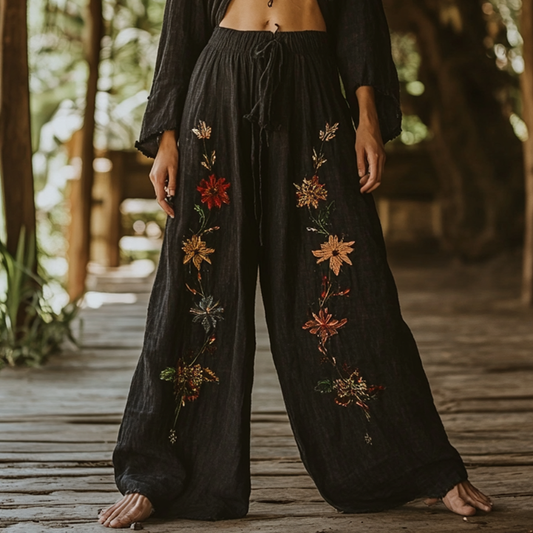 Bohemian Holiday Style Retro Linen Floral Ethnic Totem Print Casual Pants