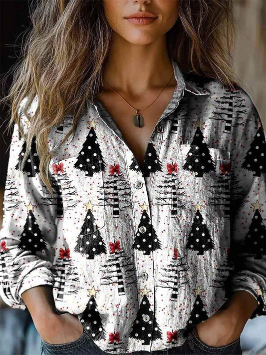 Women's Vintage Christmas Tree Print Casual Long Sleeve Comfortable Cotton Shirt