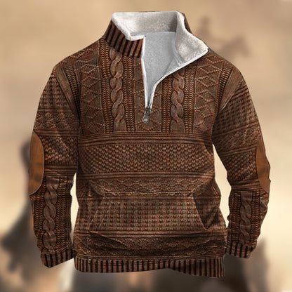 Men's Vintage Country Western Cashmere Knitt Print Zipper Stand Collar Casual Kangaroo Pocket Sweatshirt