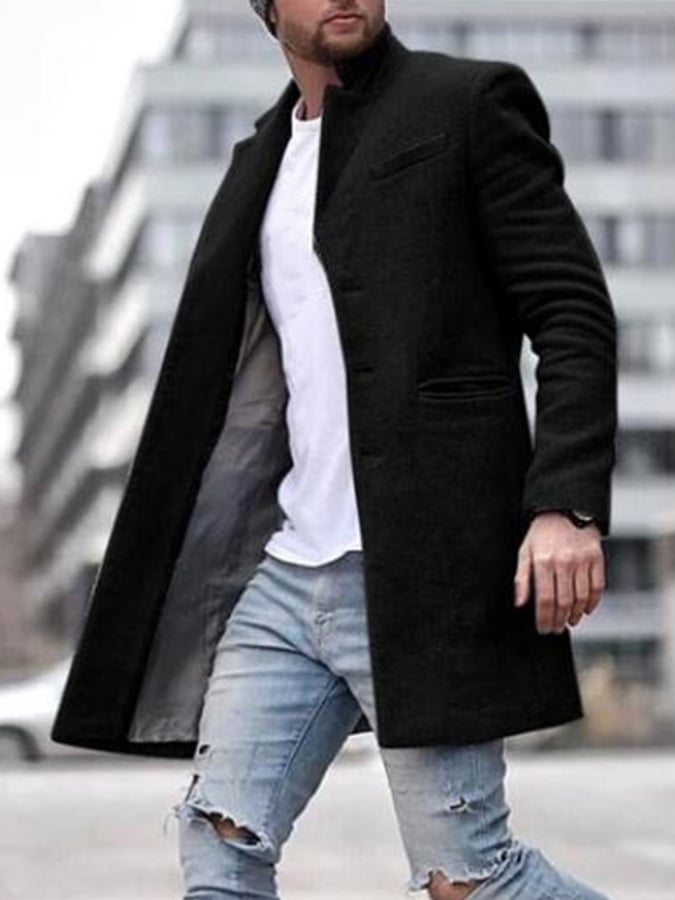 Men'S Commuting Button Lapel Mid-Length Woolen Coat