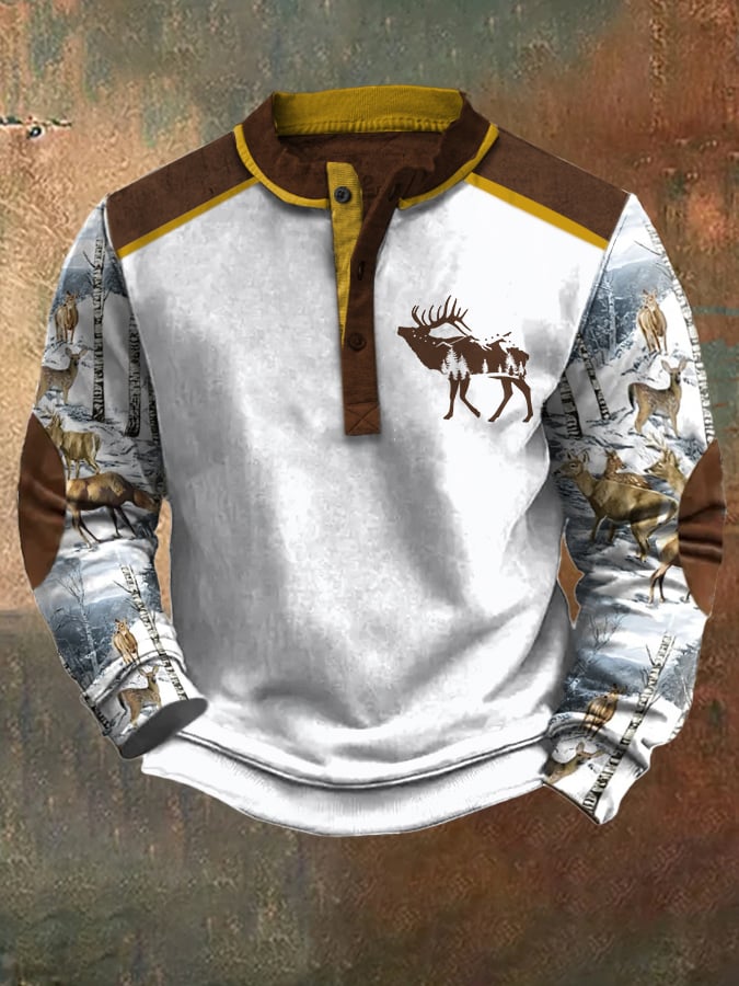 Men's Casual Vintage Contrast Elk Western Sweatshirt