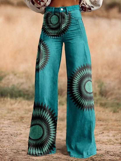 Women's Green Print Casual Wide Leg Pants