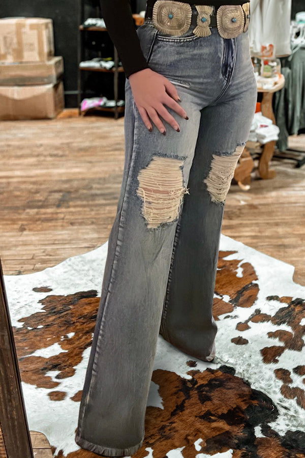 Retro Washed Distressed Wide Leg Jeans