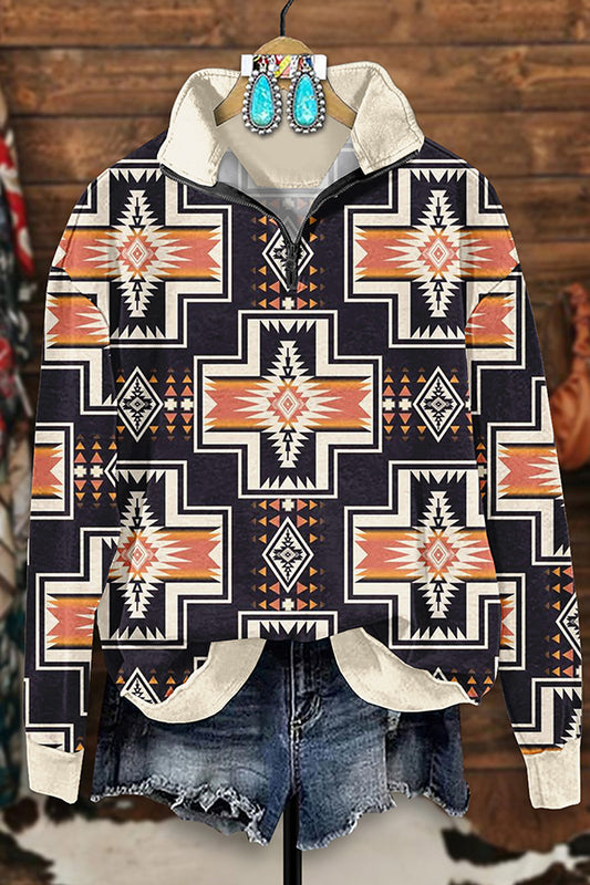 Retro Western Aztec Print Zip-Up Sweatshirt