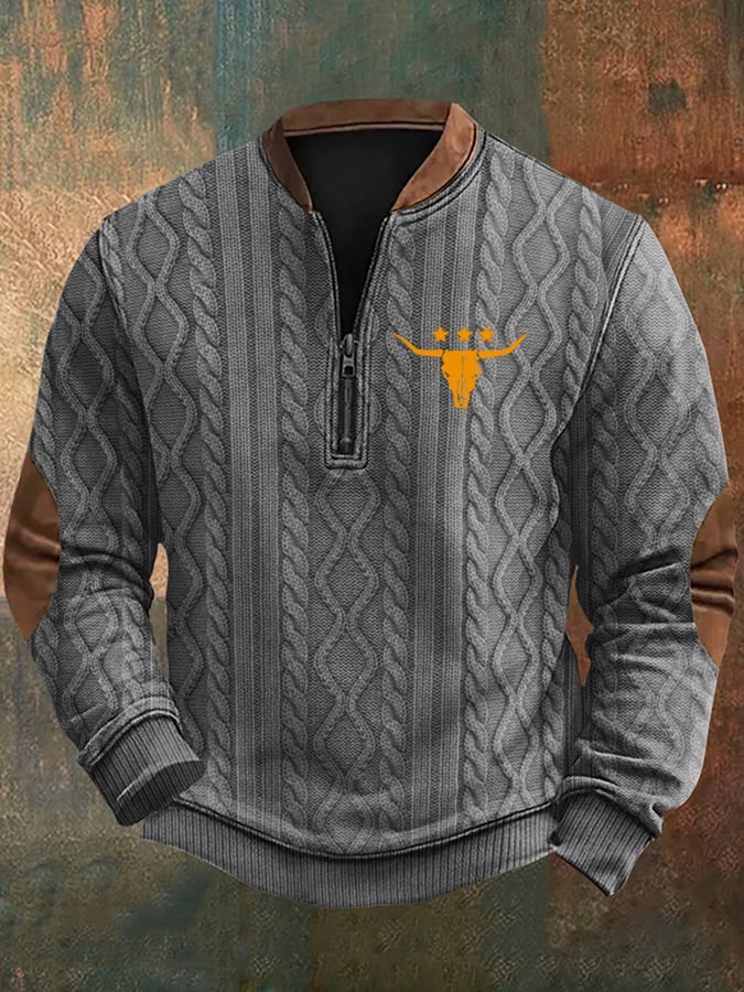 Men's Vintage Western Knit Print Zip-Neck Sweatshirt