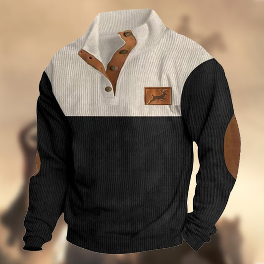 Men's Vintage Country Elk Color Blocks Henley Stand Collar Casual Sweatshirt