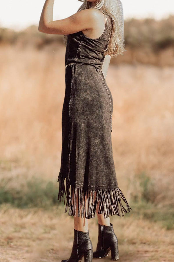 Vintage Washed Tassel Sleeveless Dress