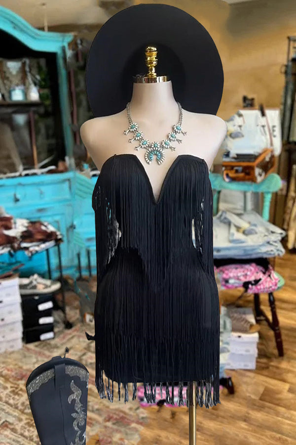 Pretty Fringe V Neck One Shoulder Dress