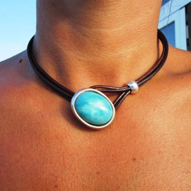 Leather Turquoise Choker Necklace