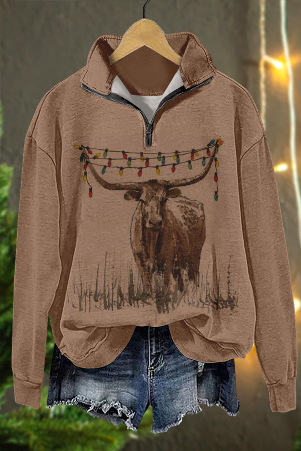 Western Christmas Longhorn Print Sweatshirt