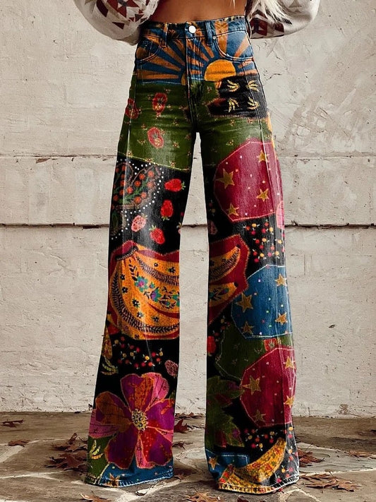 Women's Vintage Western Print Casual Wide Leg Pants