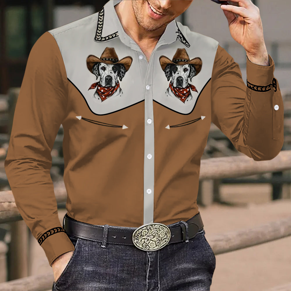 Men's Vintage Western Cowboy Dog Print Long Sleeve Shirt