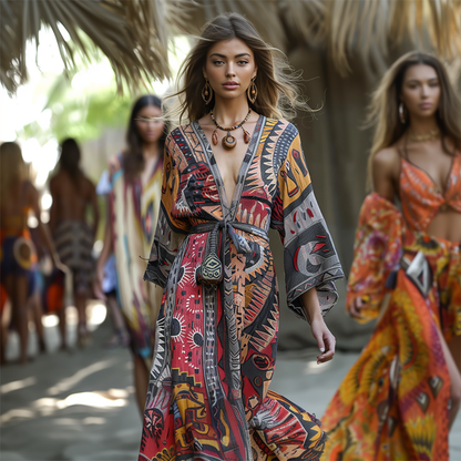 Bohemian Tribal Style Dresses V-Neck Printed Dresses