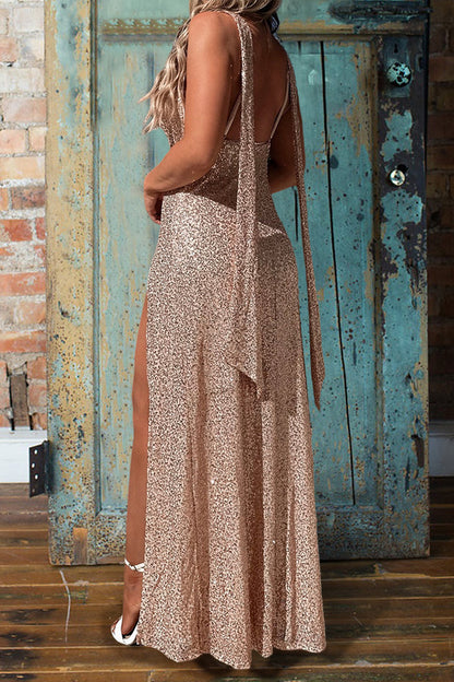 Sparkling V-Neck Slit Sequin Dress