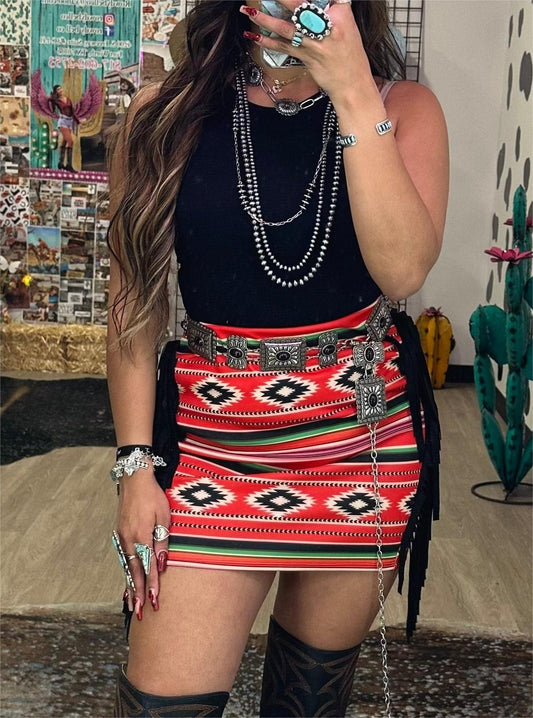 Retro Red Ethnic Style Aztec Print Fringed Skirt