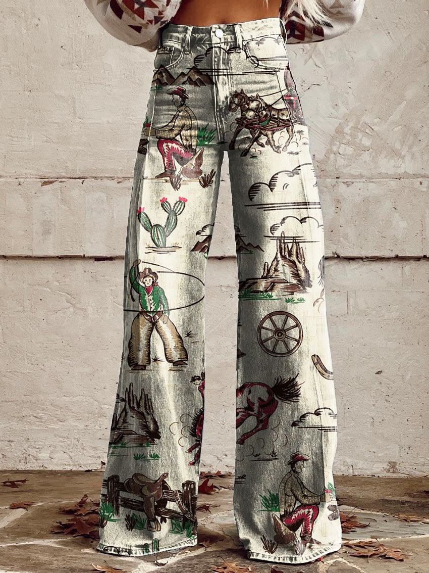 Women's Retro Pattern Print Casual Wide Leg Pants