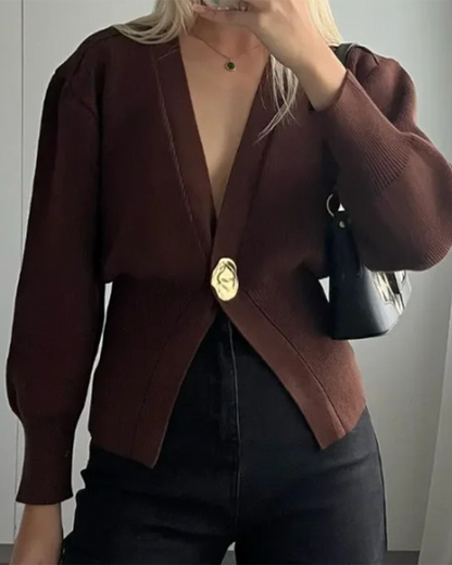 Temperament Solid Color V Neck Long Sleeve Cardigan