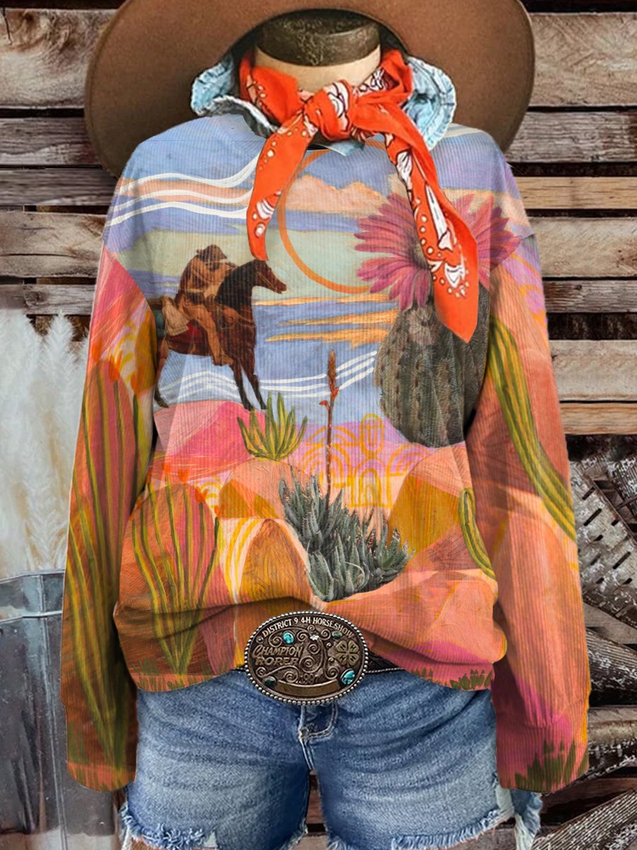 Women's Fashion Wild West Colorful Cactus Cowboy Art Print Casual Print Corduroy Sweatshirt