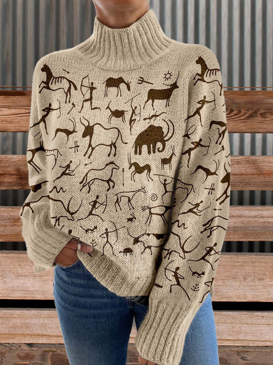 Art Print Knit Turtleneck Pullover Sweater