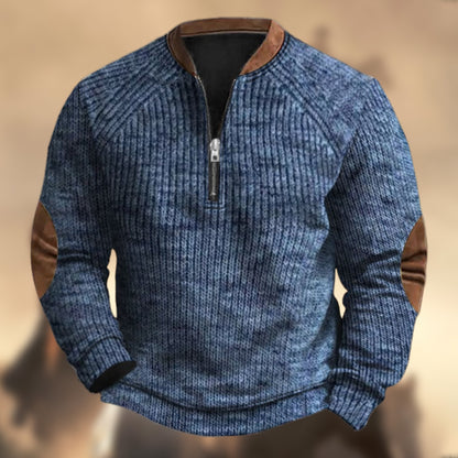 Men's Vintage Western Knit Print Zipper Stand Collar Casual Sweatshirt