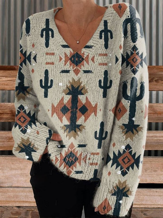 Women's Western Aztec Cactus Print Casual V-neck Pullover Knit