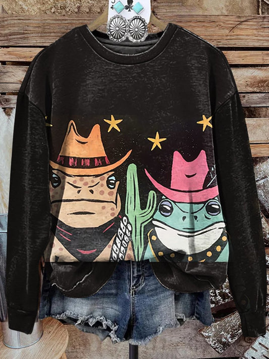 Frog Cowboy Print Casual Sweatshirt