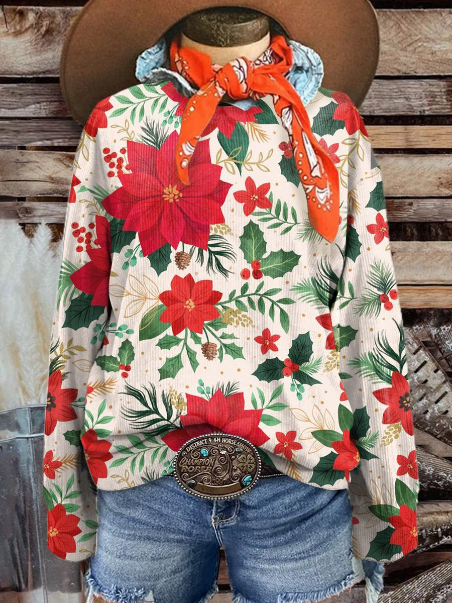 Women's Christmas Flower Casual Print Corduroy Sweatshirt