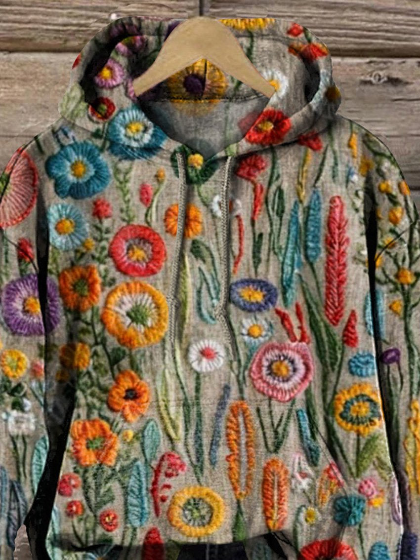 Embroidery Spring Meadows Floral Art Printed Casual Hoodie Sweatshirt