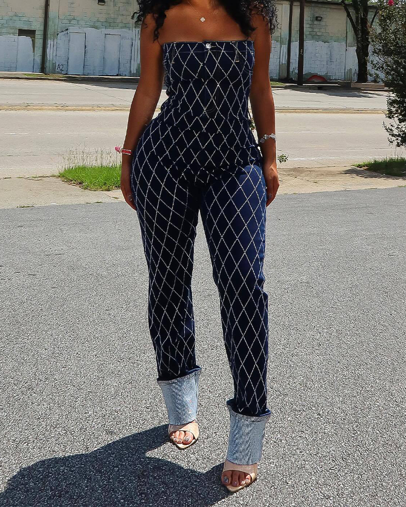 Denim Jumpsuits With Stained Diamonds