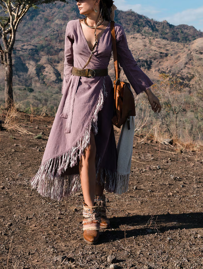 Lavender wrap dress • Fringed maxi dress • Gypsy style dress • Goddess dress • Organic cotton dress • Linen wrap dress