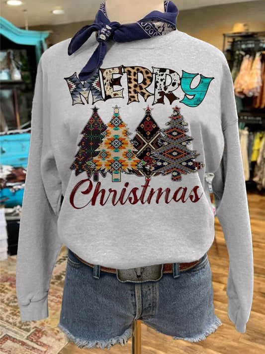 Western Christmas Tree Print Casual Sweatshirt