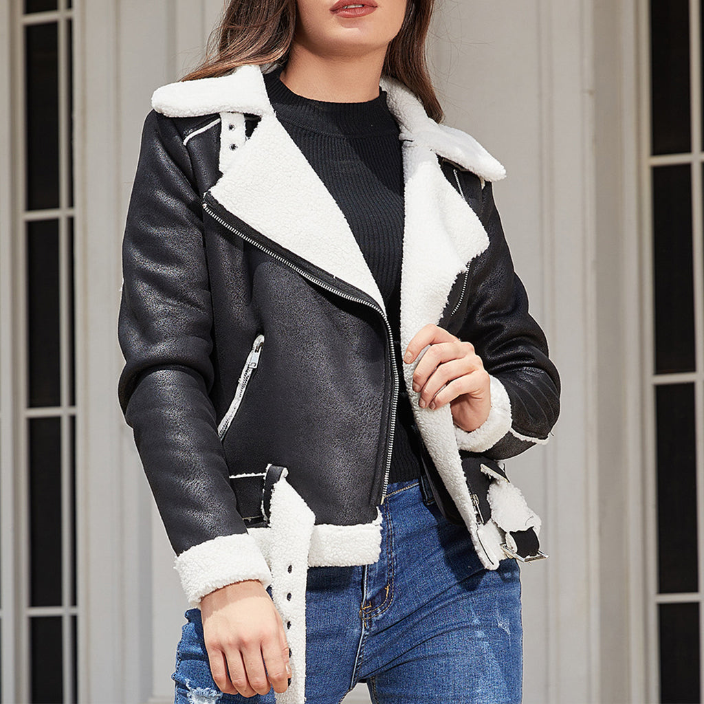 Women's Leather Jacket With Belt And Lapel Coat