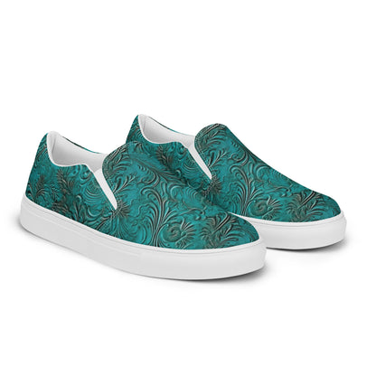 Turquoise Leather Print Women__ Slip-on Canvas Shoes