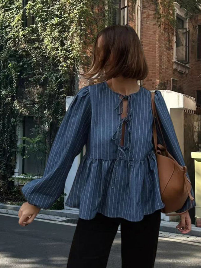 Versatile Lace-Up Long-Sleeved Top With Vertical Stripes