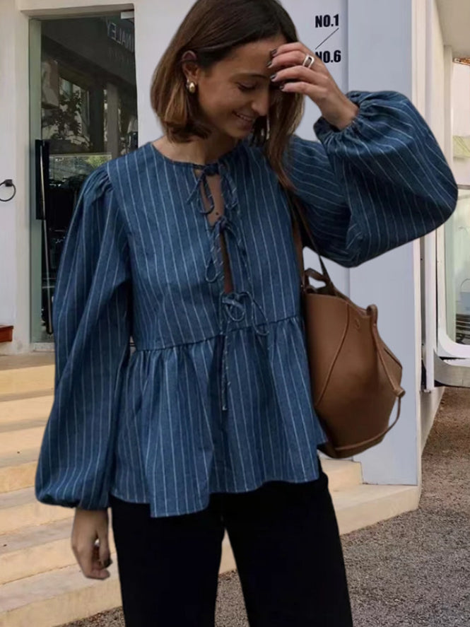 Versatile Lace-Up Long-Sleeved Top With Vertical Stripes