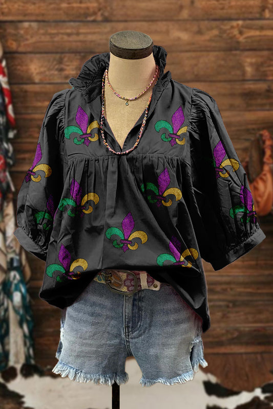 Shiny Mardi Gras Print Puff Sleeve Blouse