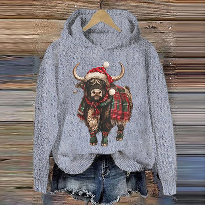 Women's Christmas Highland Cow Print Knit Hooded Sweater