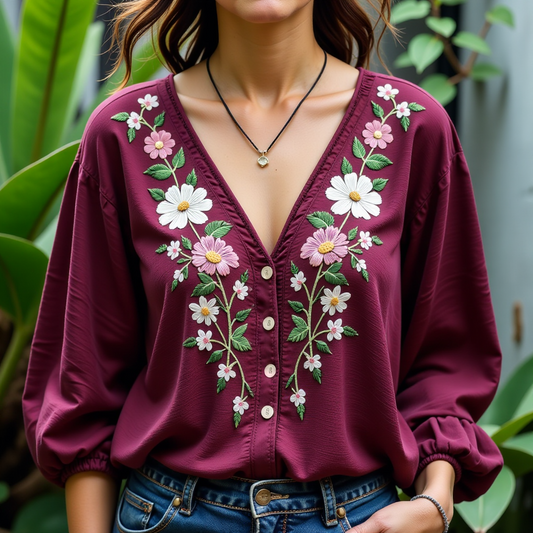 Burgundy Dropped Shoulder Cotton Floral Embroidered V-NECK Women's Shirt