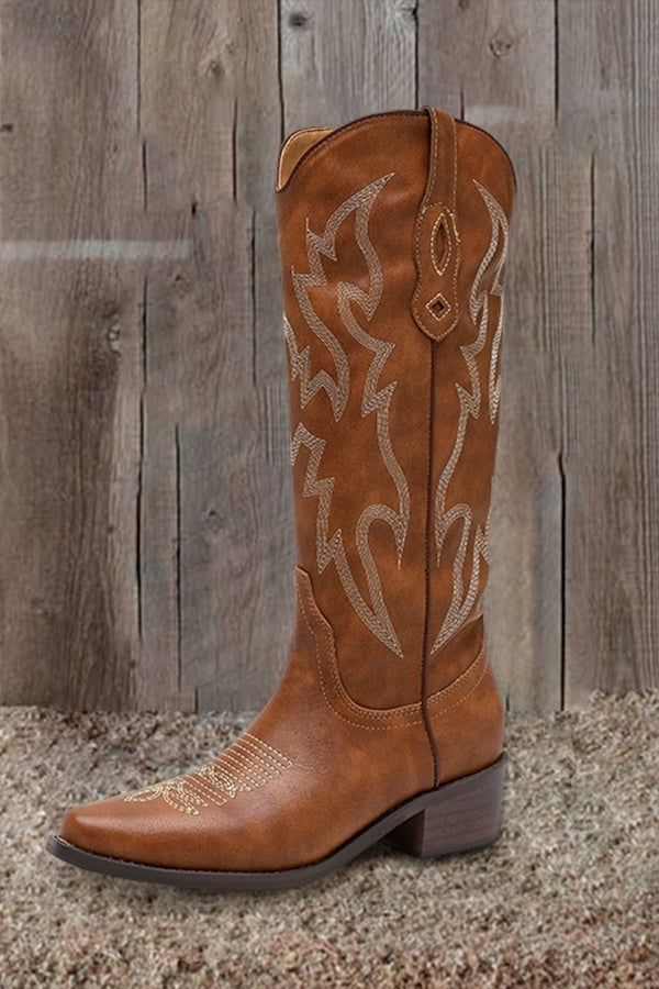 Retro Western Embroidered Thick Heel Boots