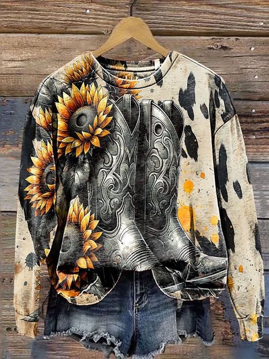 Vintage Floral Cowboy Boot Art Print Casual Sweatshirt