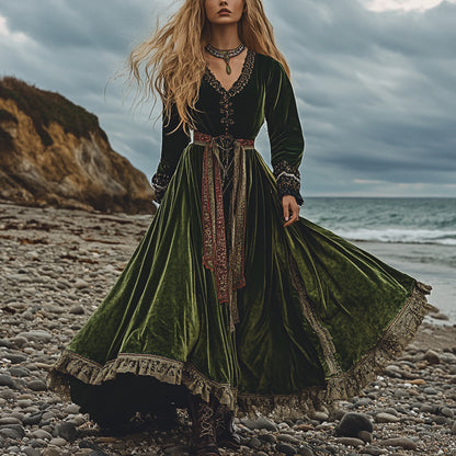 Breezy Bohemian Beach Vacation Autumn And Winter Velvet Ethnic Style Fluttering Dress