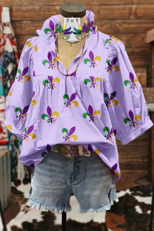 Classic Mardi Gras Print Puff Sleeve Blouse