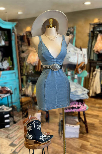 Vintage Washed Deep V Mini Denim Dress