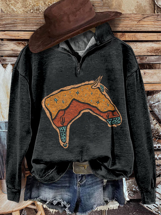 Black Vintage Horse Print Casual Long Sleeve Zip Sweatshirt