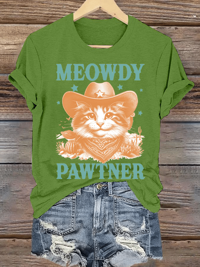 Women's Western Style Retro Cowboy Cat Printed Round Neck Short Sleeve T-Shirt