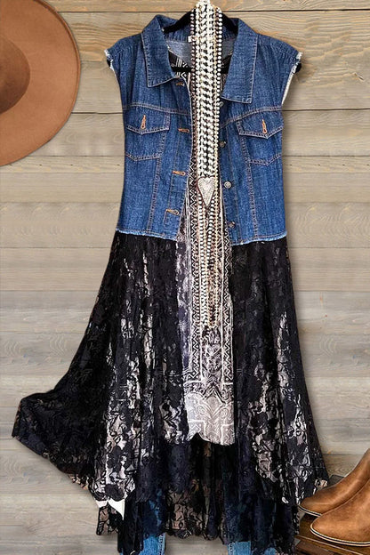 Denim Patchwork Lace Cardigan Dress