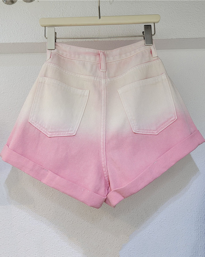 Diamond-Encrusted Colorblock Rolled Hem High-Waisted Wide-Leg Denim Shorts