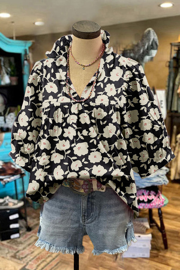 Classic Cute Floral Puff Sleeve Blouse